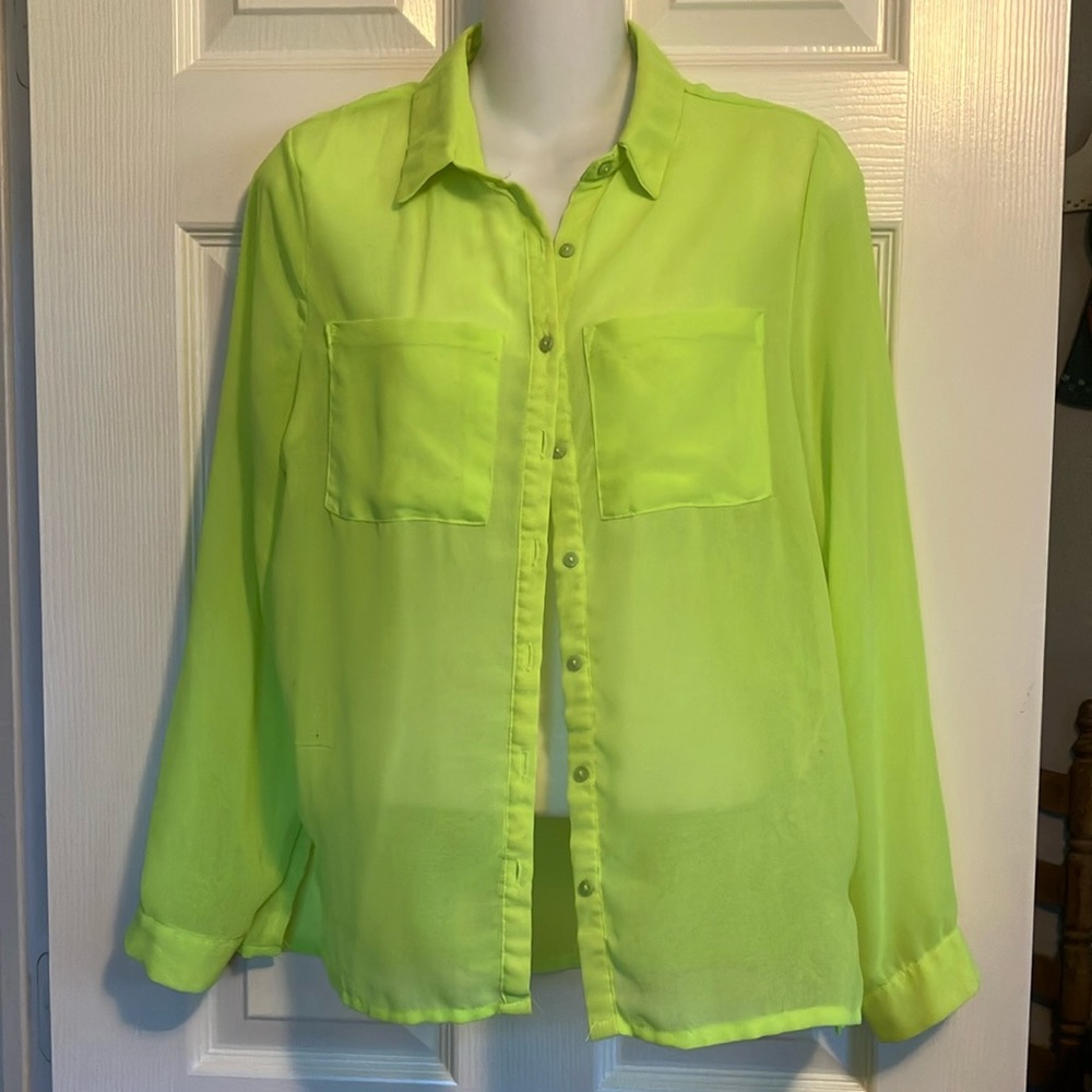 Neon Green / Lime Colored Long Sleeve Blouse / Cover Up Hi Lo Fits Med-Lg